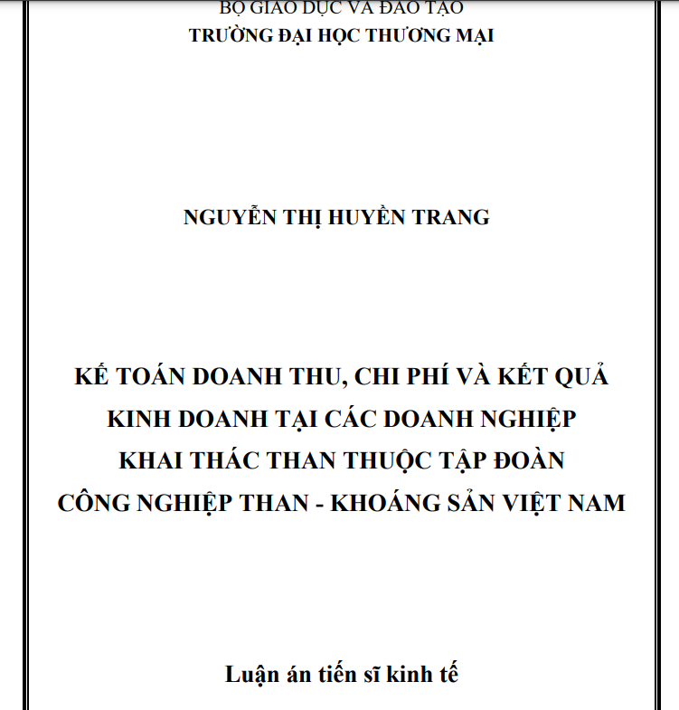 KẾ TOÁN DOANH THU, CHI PHÍ VÀ KẾT QUẢ KINH DOANH TẠI CÁC DOANH NGHIỆP KHAI THÁC THAN THUỘC TẬP ĐOÀN CÔNG NGHIỆP THAN - KHOÁNG SẢN VIỆT NAM