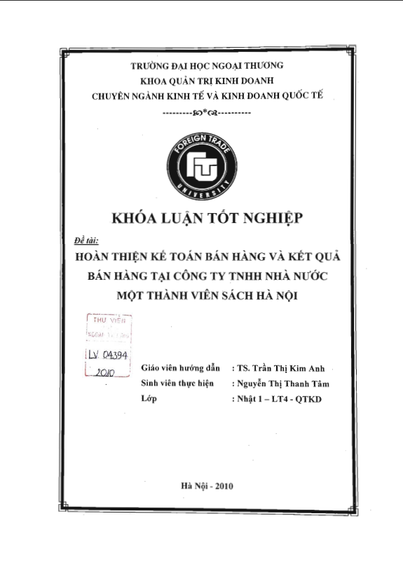 HOÀN THIỆN KẾ TOÁN BÁN HÀNG VÀ KẾT QUẢ  BÁN HÀNG TẠI CÔNG TY TNHH NHÀ NƯỚC MỘT THÀNH VIÊN SÁCH HÀ NỘI  