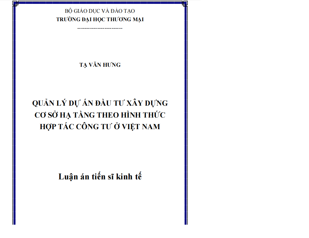 QUẢN LÝ DỰ ÁN ĐẦU TƯ XÂY DỰNG  CƠ SỞ HẠ TẦNG THEO HÌNH THỨC  HỢP TÁC CÔNG TƯ Ở VIỆT NAM