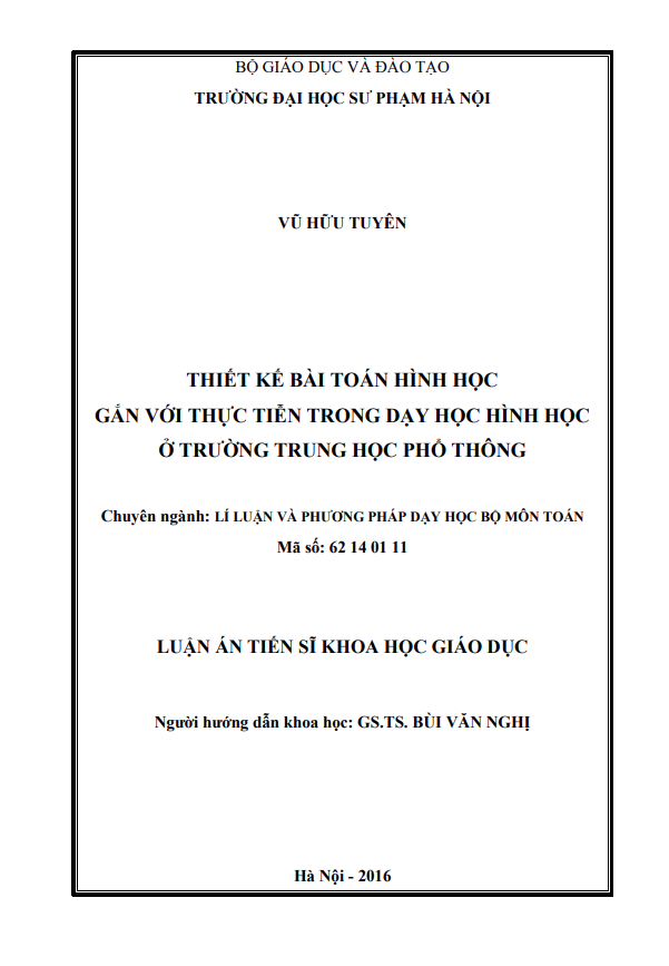 THIẾT KẾ BÀI TOÁN HÌNH HỌC  GẮN VỚI THỰC TIỄN TRONG DẠY HỌC HÌNH HỌC  Ở TRƯỜNG TRUNG HỌC PHỔ THÔNG