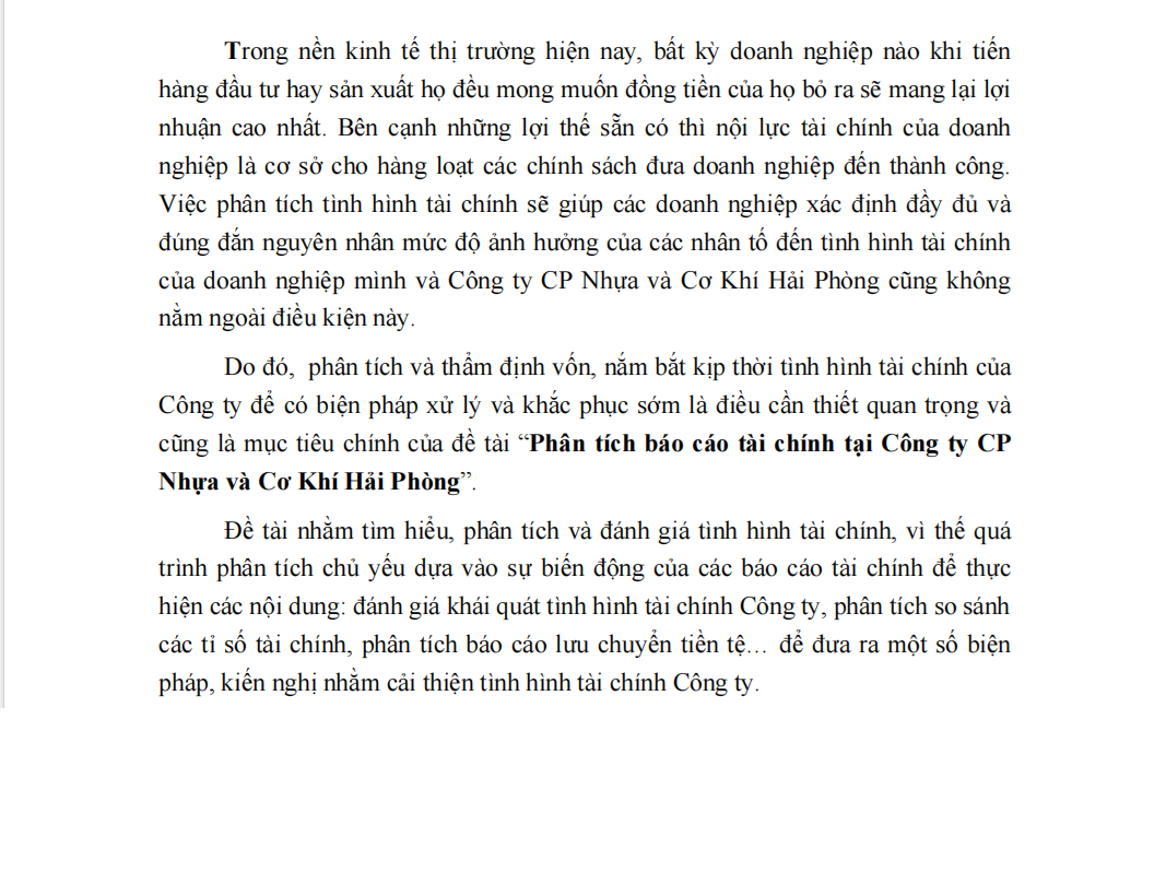 Phân tích báo cáo tài chính tại Công ty CP Nhựa và Cơ Khí Hải Phòng