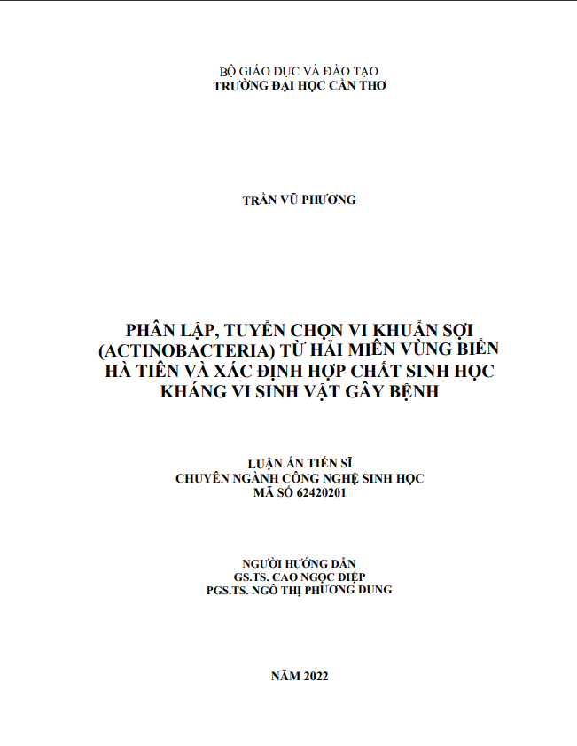 PHÂN LẬP, TUYỂN CHỌN VI KHUẨN SỢI (ACTINOBACTERIA) TỪ HẢI MIÊN VÙNG BIỂN HÀ TIÊN VÀ XÁC ĐỊNH HỢP CHẤT SINH HỌC KHÁNG VI SINH VẬT GÂY BỆNH