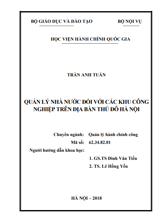 QUẢN LÝ NHÀ NƯỚC ĐỐI VỚI CÁC KHU CÔNG NGHIỆP TRÊN ĐỊA BÀN THỦ ĐÔ HÀ NỘI