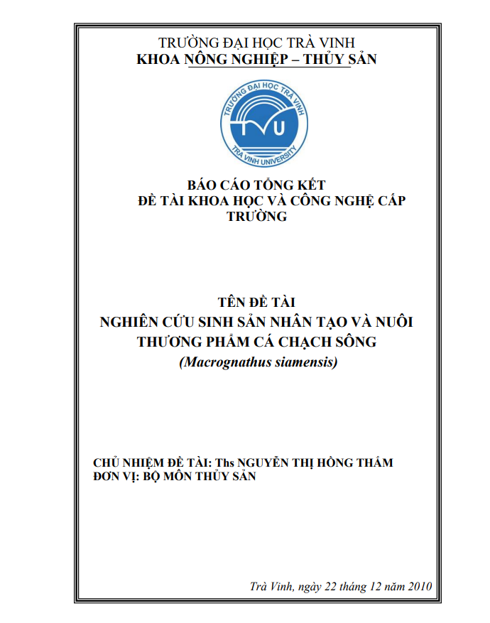 NGHIÊN CỨU SINH SẢN NHÂN TẠO VÀ NUÔI  THƯƠNG PHẨM CÁ CHẠCH SÔNG