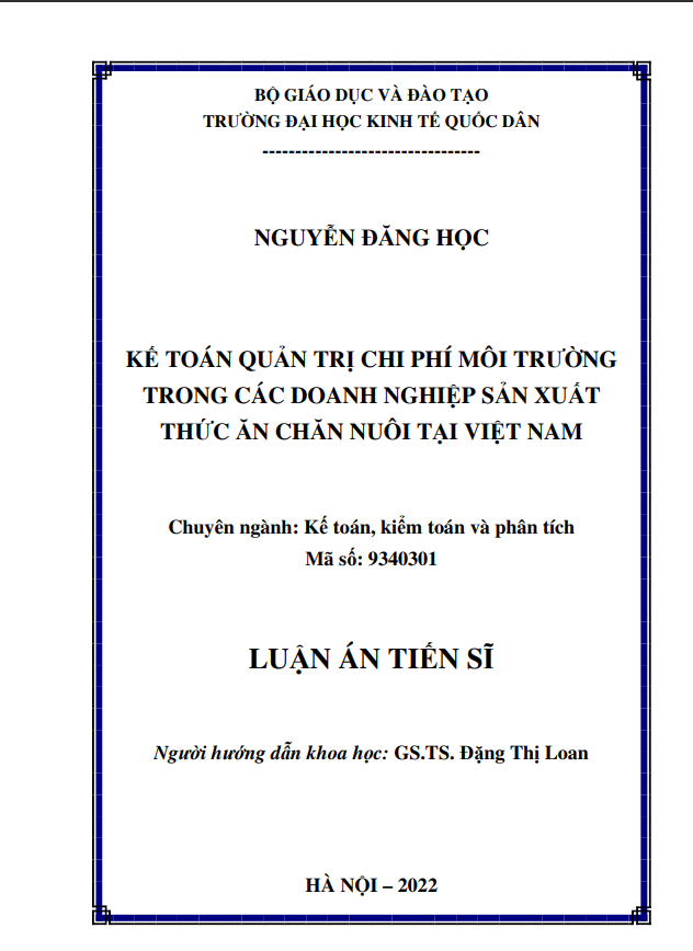 KẾ TOÁN QUẢN TRỊ CHI PHÍ MÔI TRƯỜNG TRONG CÁC DOANH NGHIỆP SẢN XUẤT  THỨC ĂN CHĂN NUÔI TẠI VIỆT NAM 