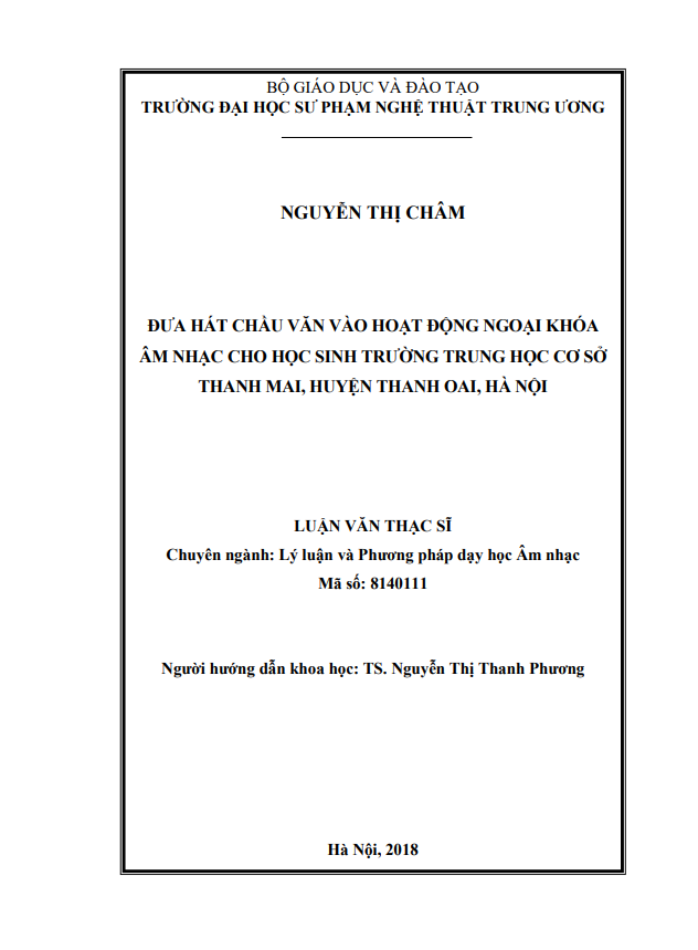 ĐƯA HÁT CHẦU VĂN VÀO HOẠT ĐỘNG NGOẠI KHÓA  ÂM NHẠC CHO HỌC SINH TRƯỜNG TRUNG HỌC CƠ SỞ THANH MAI, HUYỆN THANH OAI, HÀ NỘI