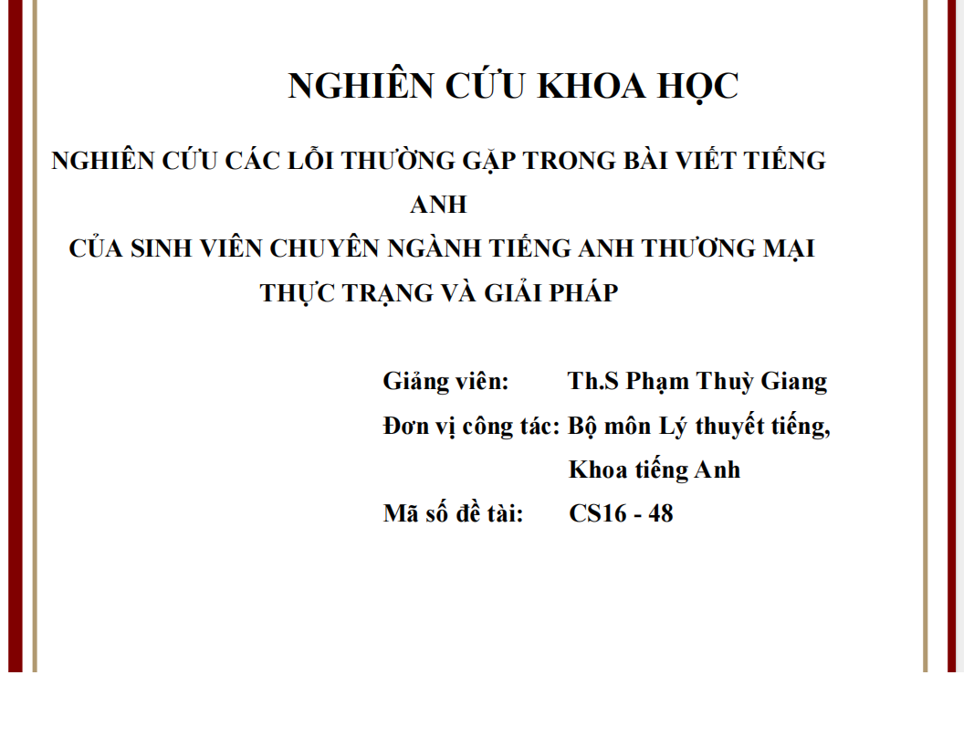 NGHIÊN CỨU CÁC LỖI THƯỜNG GẶP TRONG BÀI VIẾT TIẾNG  ANH  CỦA SINH VIÊN CHUYÊN NGÀNH TIẾNG ANH THƯƠNG MẠI THỰC TRẠNG VÀ GIẢI PHÁP