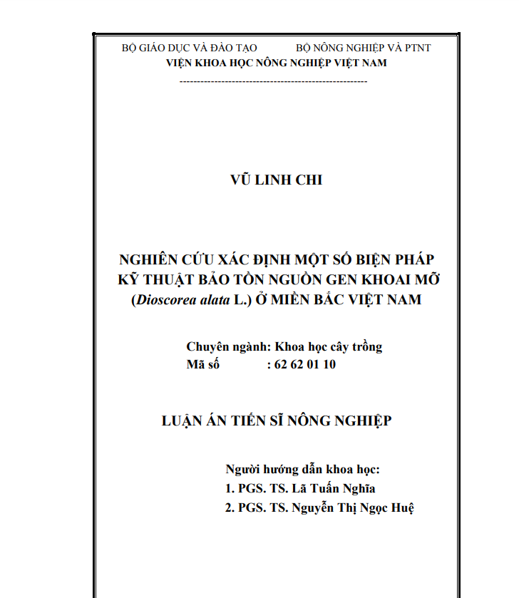 NGHIÊN CỨU XÁC ĐỊNH MỘT SỐ BIỆN PHÁP KỸ THUẬT BẢO TỒN NGUỒN GEN KHOAI MỠ (Dioscorea alata L.) Ở MIỀN BẮC VIỆT NAM