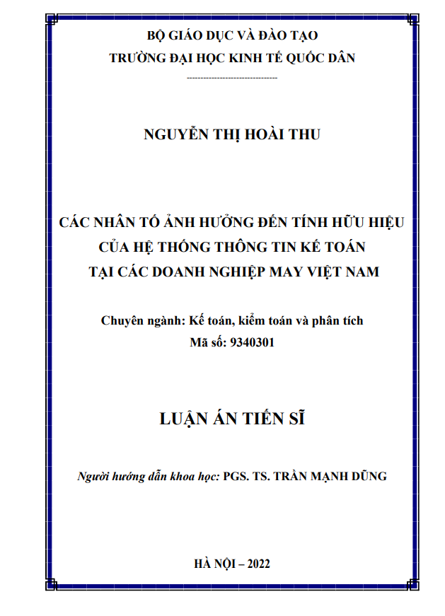 CÁC NHÂN TỐ ẢNH HƯỞNG ĐẾN TÍNH HỮU HIỆU  CỦA HỆ THỐNG THÔNG TIN KẾ TOÁN TẠI CÁC DOANH NGHIỆP MAY VIỆT NAM