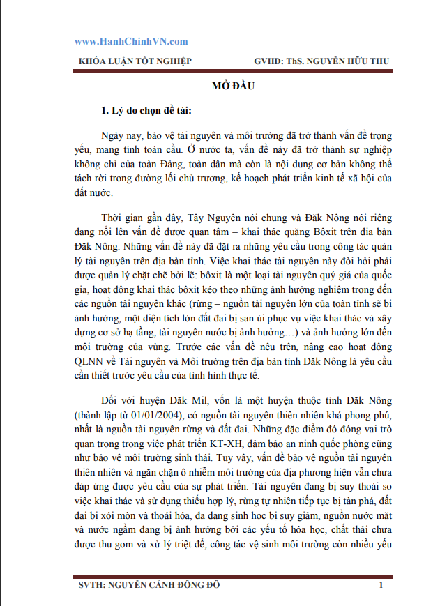 Quản lý nhà nước về tài nguyên và môi trường: Thực trạng và Giải pháp (nghiên cứu tại huyện Đăk Mil, tỉnh Đăk Nông)