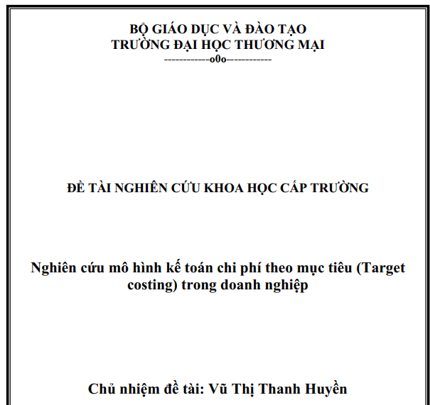 Nghiên cứu mô hình kế toán chi phí theo mục tiêu (Target costing) trong doanh nghiệp