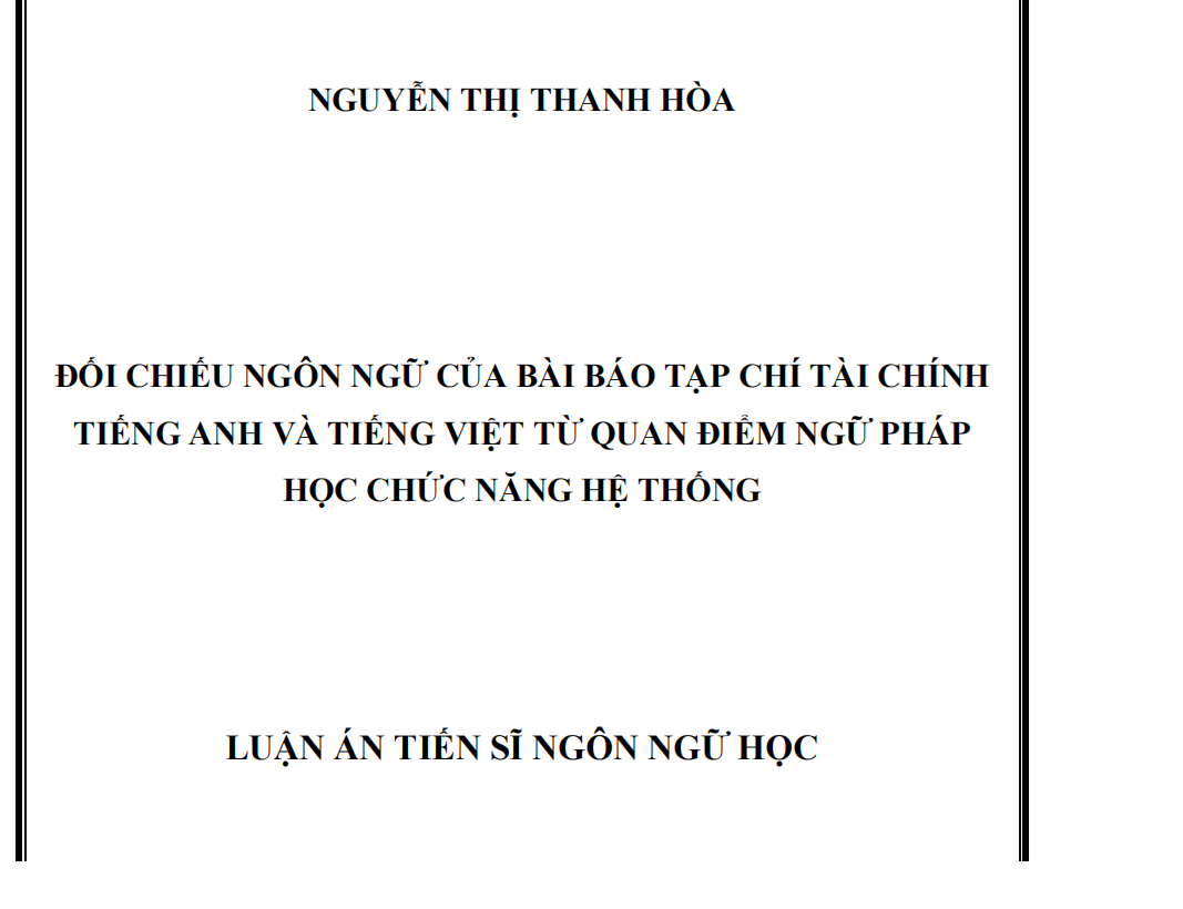 ĐỐI CHIẾU NGÔN NGỮ CỦA BÀI BÁO TẠP CHÍ TÀI CHÍNH  TIẾNG ANH VÀ TIẾNG VIỆT TỪ QUAN ĐIỂM NGỮ PHÁP HỌC CHỨC NĂNG HỆ THỐNG